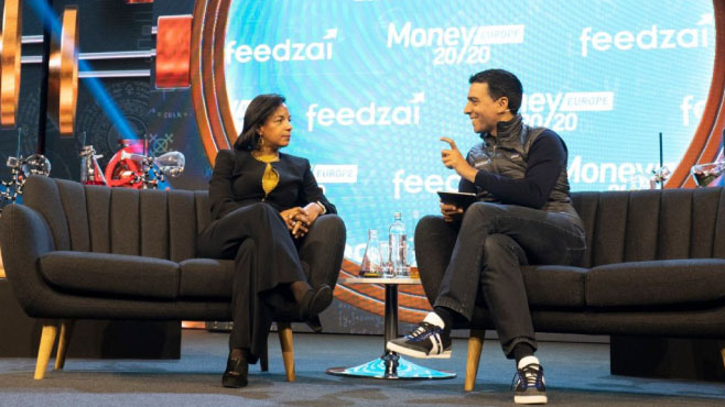 Feedzai CEO Nuno Sebastiao speaks with US ambassador Susan Rice at the Financial Crime and Technology Summit