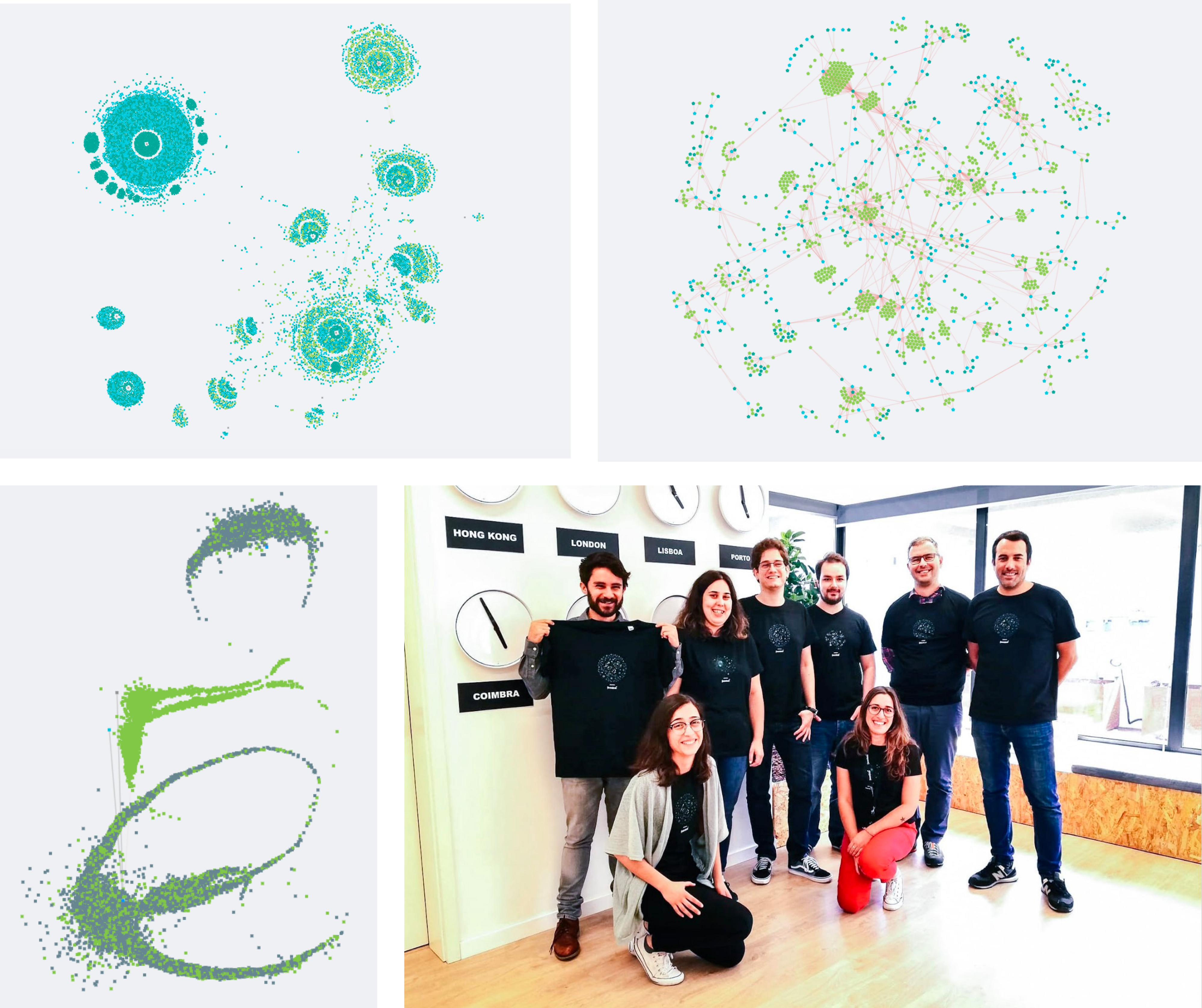 3 pictures of Genome data art, and a picture of people wearing matching shirts