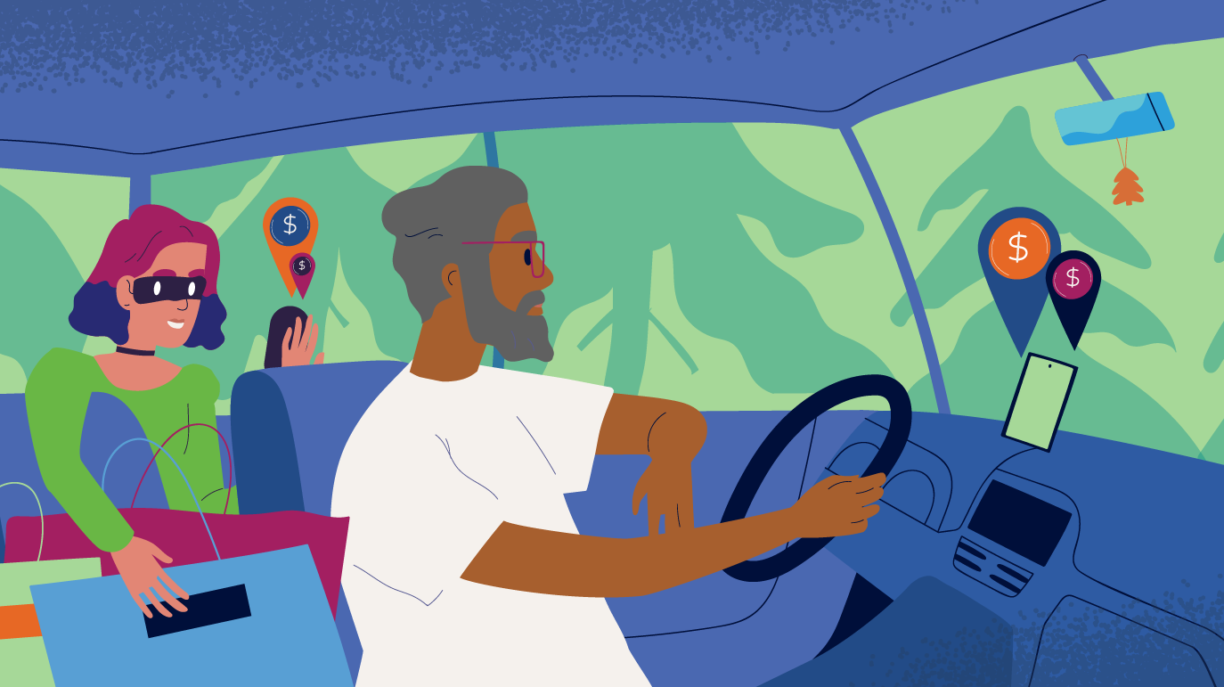illustration of rideshare driver and fraudster using embedded finance tools