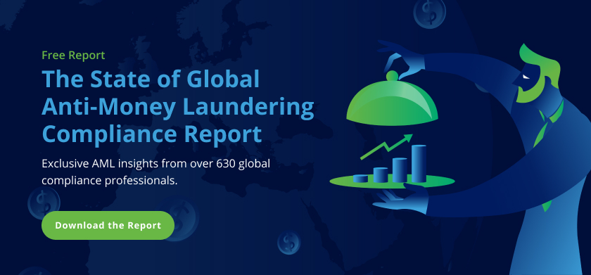 Illustration of Feedzai's AML report based on input from over 630 anti-money laundering compliance professionals prompting readers to download their free copy.