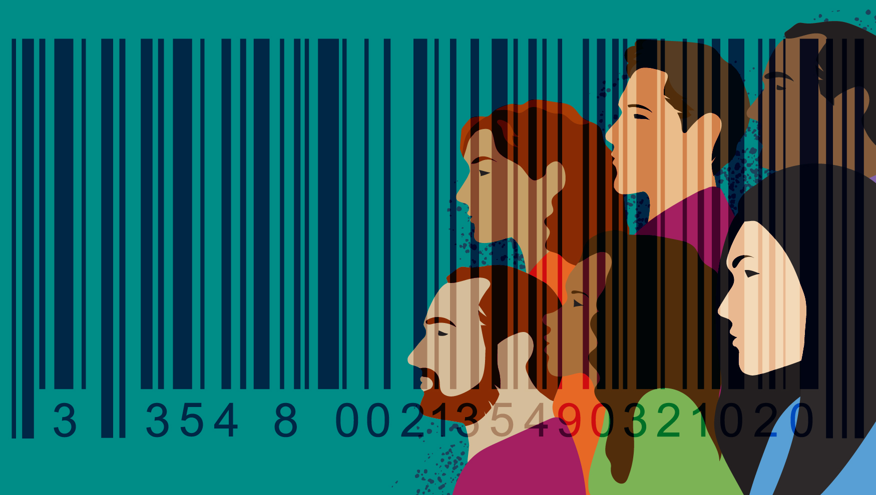 Illustration of people trapped in human trafficking with bar code as prison bars - raising awareness of money laundering's role in human trafficking