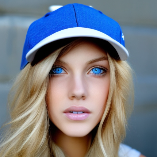 Image generated by DreamStudio - depicting beautiful blonde woman with blue eyes and wearing a baseball cap - that can be used in ChatGPT romance scam