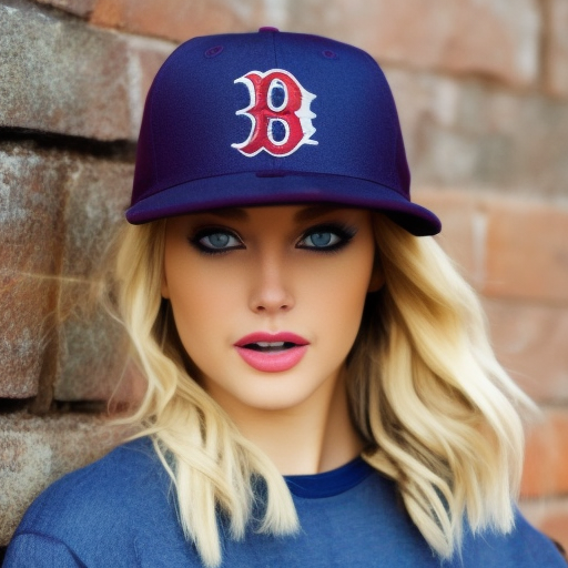 Image generated by DreamStudio - depicting beautiful blonde woman with blue eyes and wearing a Boston Red Sox baseball cap - that can be used in ChatGPT romance scam
