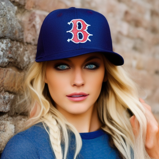 Image generated by DreamStudio - depicting beautiful blonde woman with blue eyes and wearing a Boston Red Sox baseball cap showing left hand - that can be used in ChatGPT romance scam