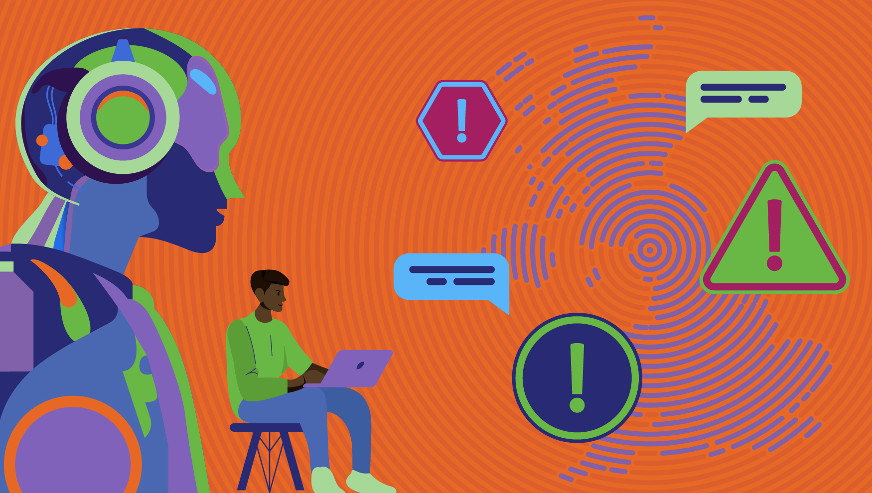 Illustration of a robot with gears in its brain standing over a human who types on a laptop. Warning signs are on the right with a fingerprint background.