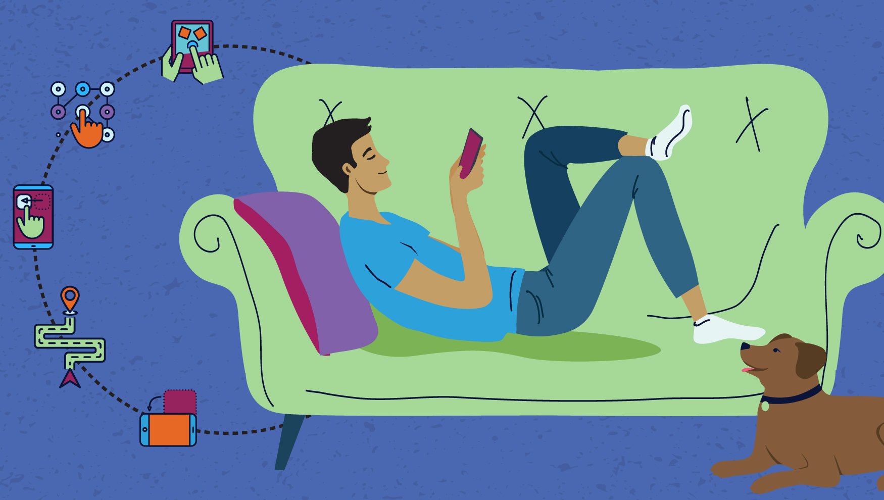Illustration of man on couch as Feedzai's ScamPrevent enables stronger scam prevention to block financial crime