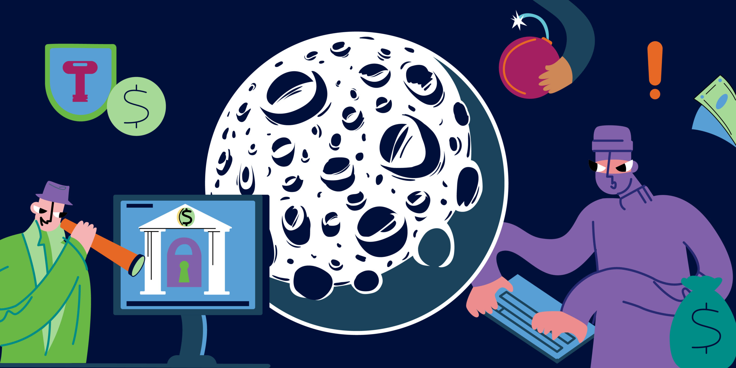 Close-up of the moon with three fraudsters around it one holding a telescope, one holding a lit bomb, and one typing on a keyboard representing real-time payments fraud.