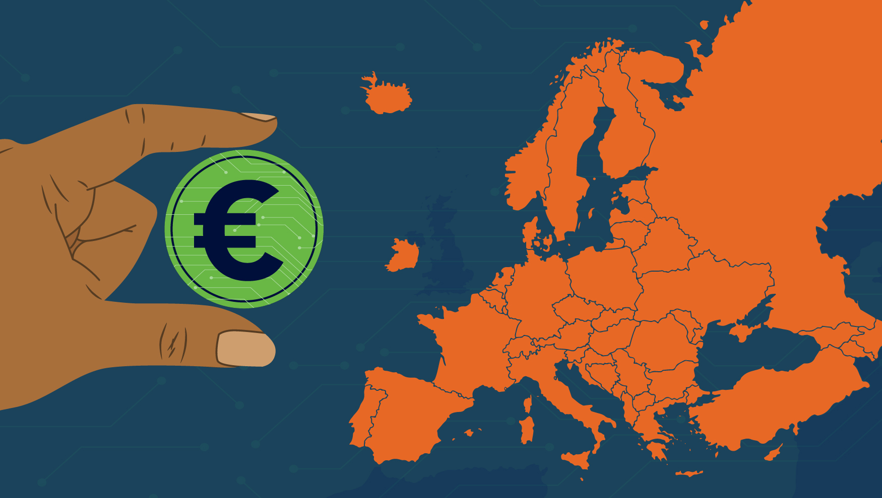 Illustration of digital euro against European continent outline, as part of story on EU payments legislation