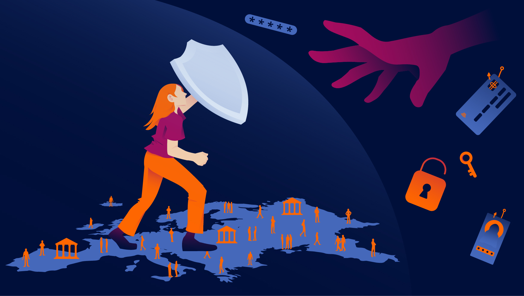 Illustration of woman holding shield over silhouette of European continent, defending banks from fraud and scam threats emerging from PSD3 and PSR updates
