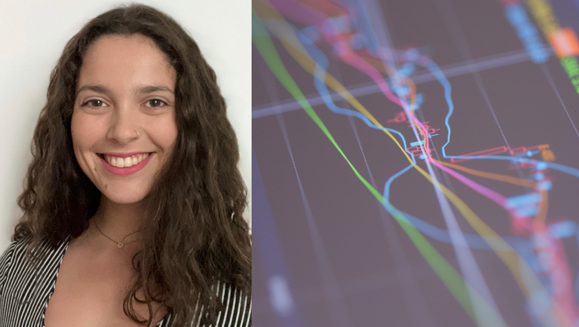 Photo of Feedzai's Catarina Godinho, product marketing specialist; visual of data trends - demonstrating how Feedzai's Fraud Model for Digital Trust with AI allows banks to reduce fraud and strengthen customer trust.