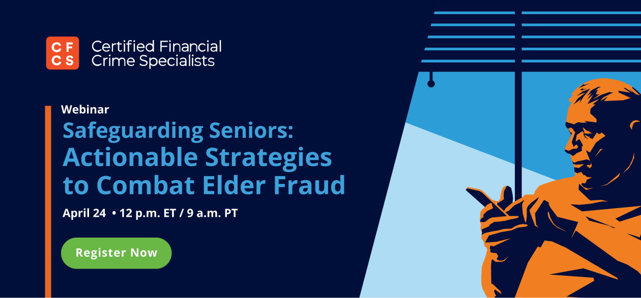 Illustration of Elderly person sitting in darkened room, looking at phone. Demonstrating financial and emotional impact of elder fraud scams; Feedzai and ACFCS logos. Copy: Safeguarding Seniors: Actionable Strategies to Combat Elder Fraud April 24 at 12 p.m. ET / 9 a.m. PT