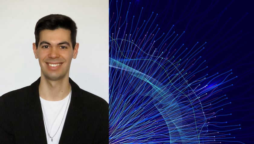 Photograph of Bruno Terroso, Product Marketing Intern, Feedzai; next to abstract data image; how behavioral biometrics secures real-time payments