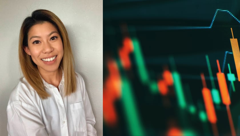 On left of frame: Photo of Tiffany Ha, expert product marketing manager at Feedzai; Right of frame: digital imagery representing dynamic risk assessment for merchant monitoring