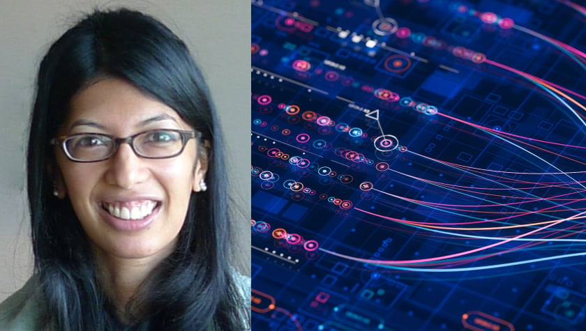 Headshot of Feedzai Product Innovation Manager Ayasha Ali, abstract image of AI models