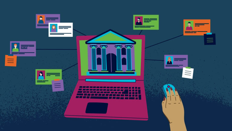 Illustration of open laptop with images of bank, credit cards, identity cards - for article on synthetic identity fraud