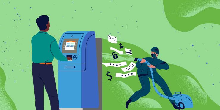 Illustration of fraudster steeling money from an ATM