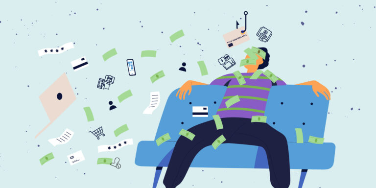 Illustration of a man sitting on a couch with money falling on him - demonstration of the lifecycle of a Fraud Attack